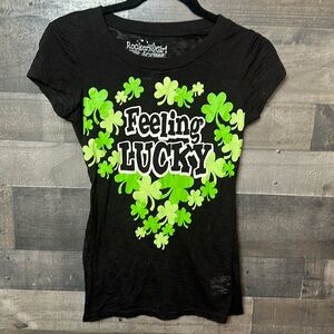 Cute Rocker Girl “Feeling Lucky” Black And Green Short Sleeve T-Shirt